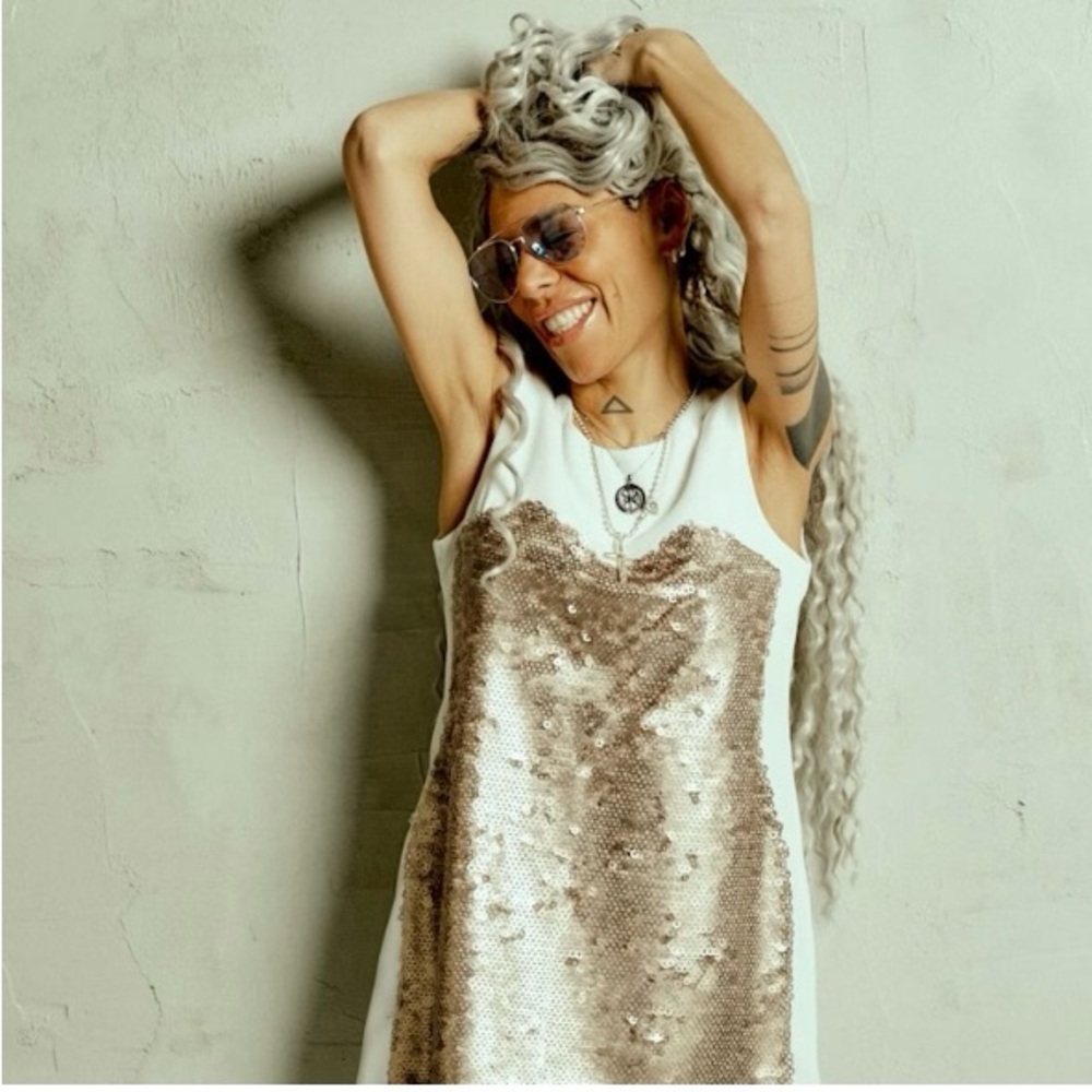 Locker Room Gold Sequin Mini Dress Open Back NWT S/M